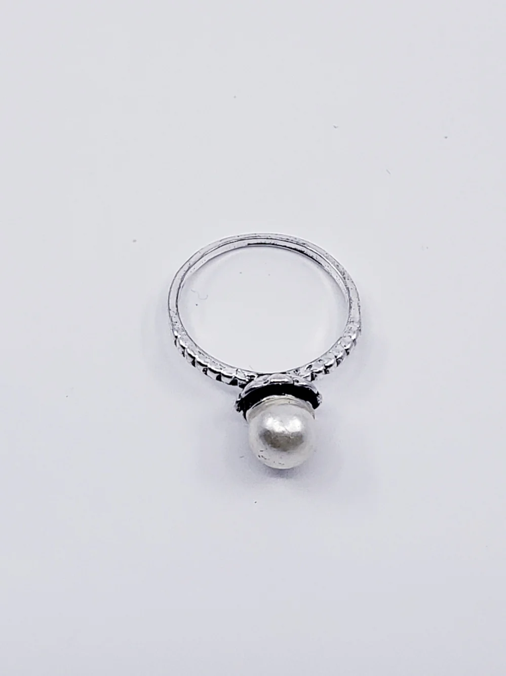 Classic (Daintier) White Pearl Ring with Beaded Silver Band Sz 7.25
